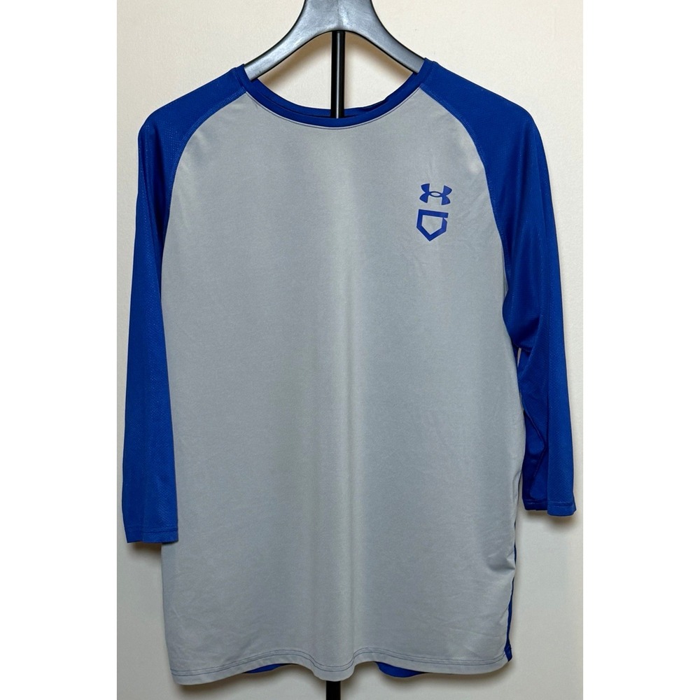 Under Armour Baseball Men's L Blue/Gray Colorblock 3/4 Raglan Crew Stretch